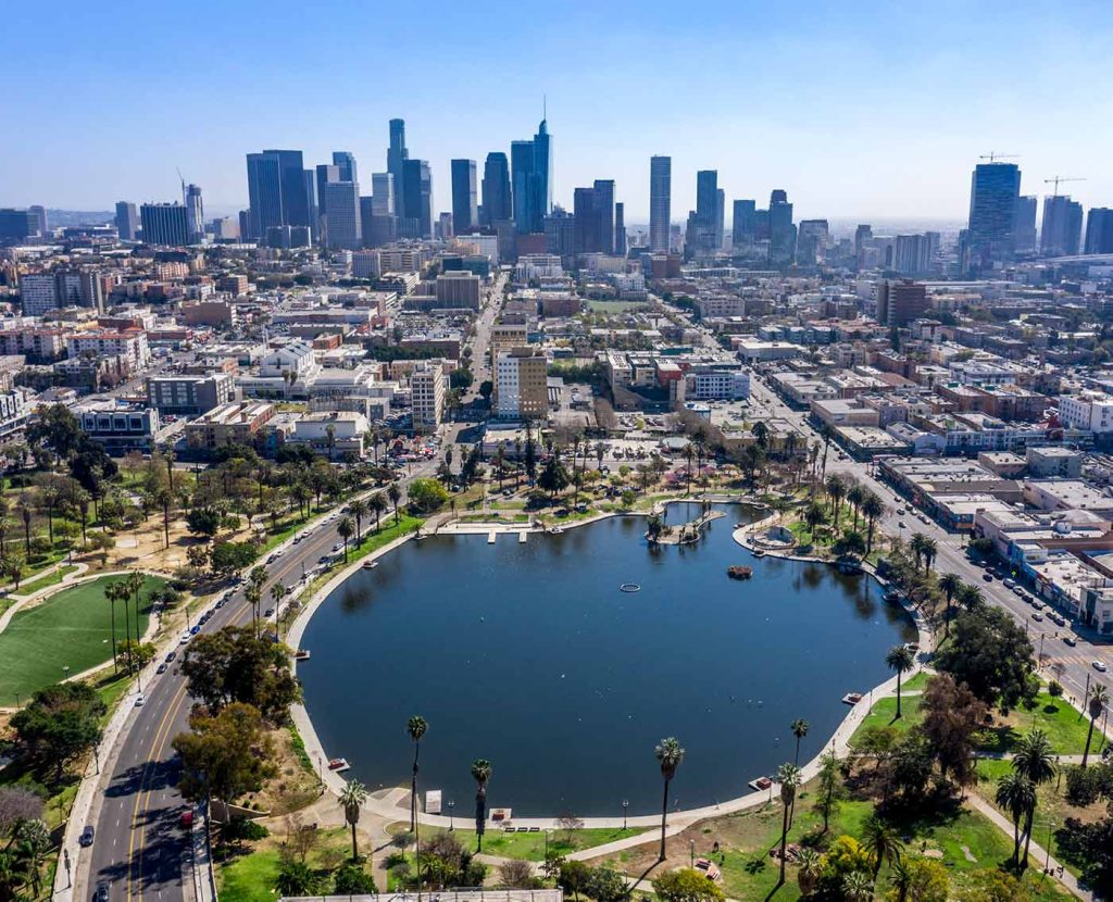Arial view of Los Angeles and a pond